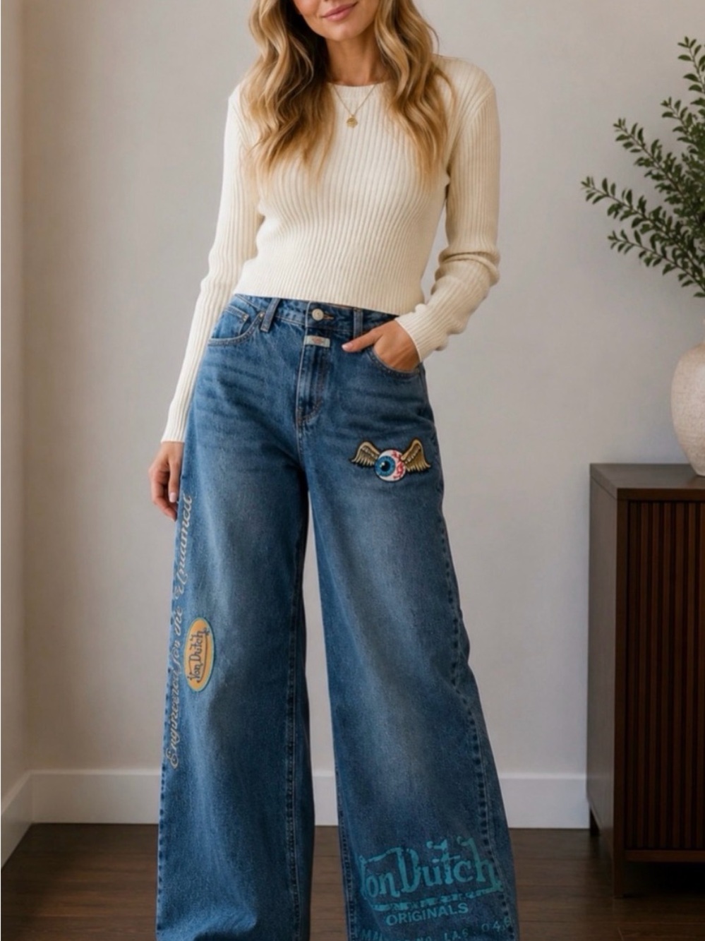 Von Dutch Original Blue Wide-Leg Embroidered Jeans